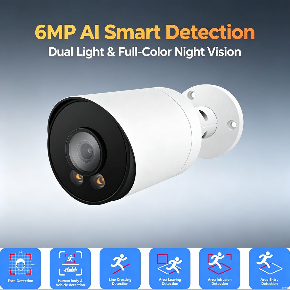 Outdoor Lighting No Electricity - 6MP POE IP67 กล้องดูอัลไลท์ บุลเล็ตกล้องรักษาความปลอดภัยกลางแจ้งการตรวจจับใบหน้าของมนุษย์และยานพาหนะไมโครโฟนในตัว ONVIF